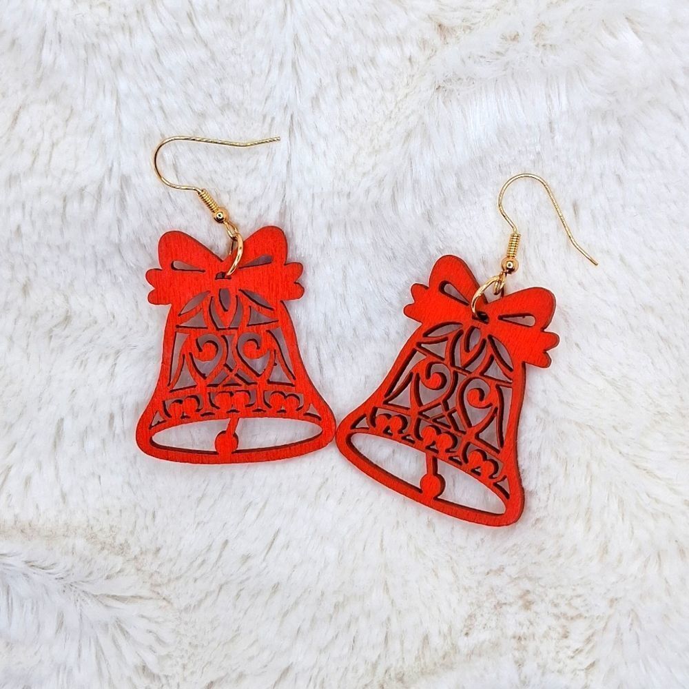Christmas bell red wooden carved earrings festive holiday gift